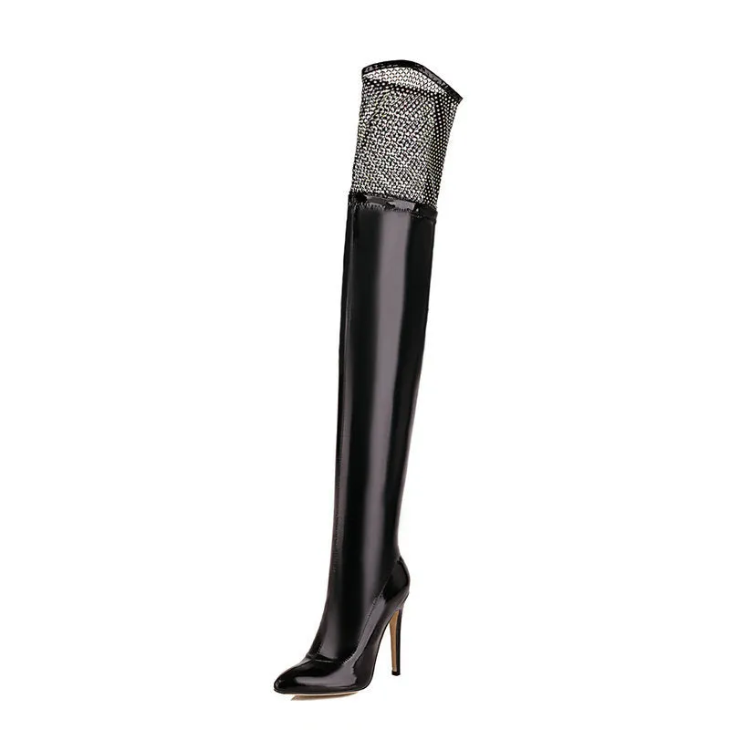 Autumn And Winter Fine Heel Pointed Gauze Net Knee Thigh Boots
