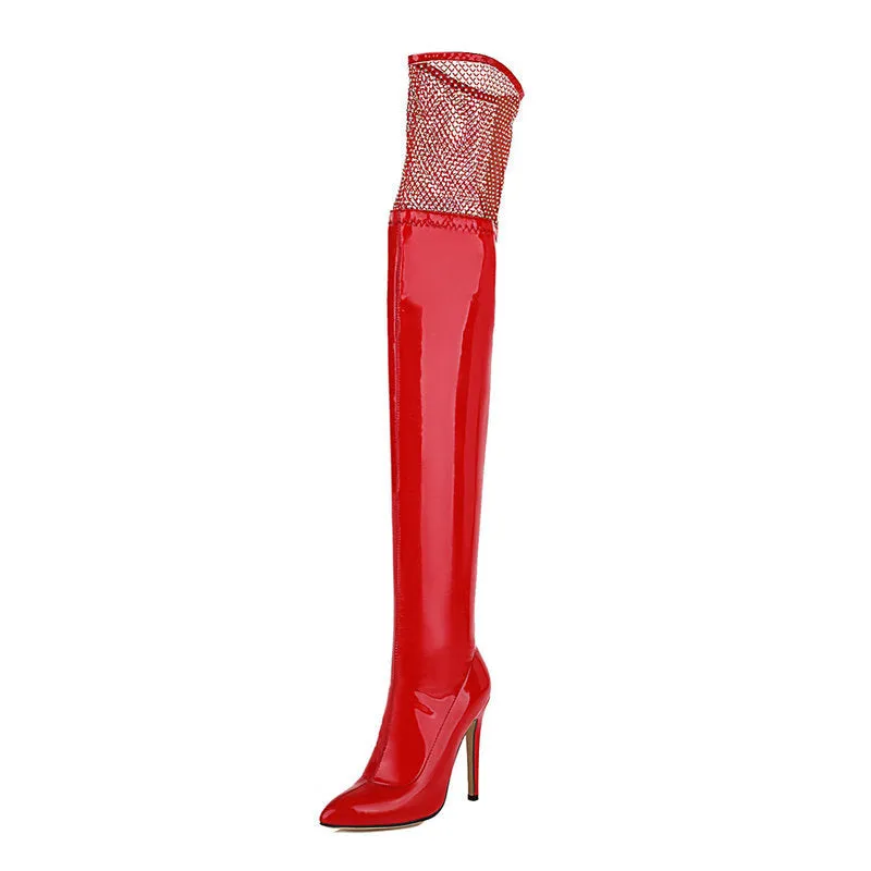Autumn And Winter Fine Heel Pointed Gauze Net Knee Thigh Boots