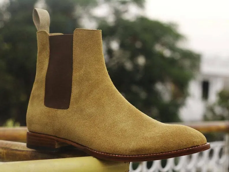 Awesome Handmade Men's Beige Suede Chelsea Boots, Men Ankle Boots, Men Designer Boots