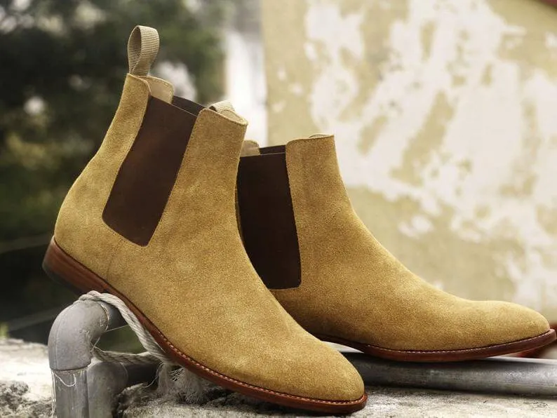 Awesome Handmade Men's Beige Suede Chelsea Boots, Men Ankle Boots, Men Designer Boots