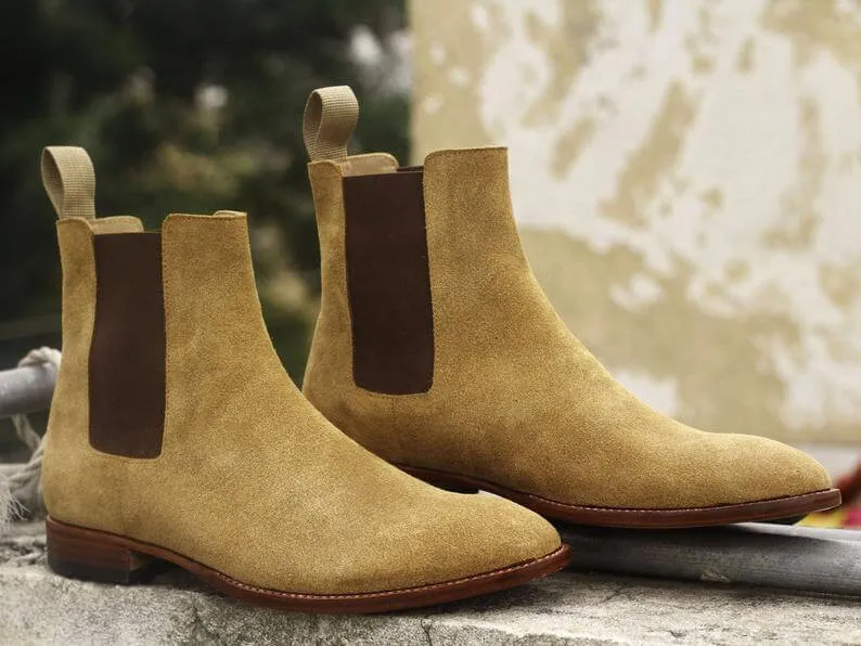 Awesome Handmade Men's Beige Suede Chelsea Boots, Men Ankle Boots, Men Designer Boots