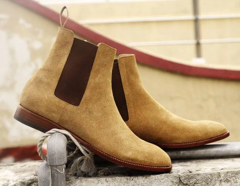 Awesome Handmade Men's Beige Suede Chelsea Boots, Men Ankle Boots, Men Designer Boots