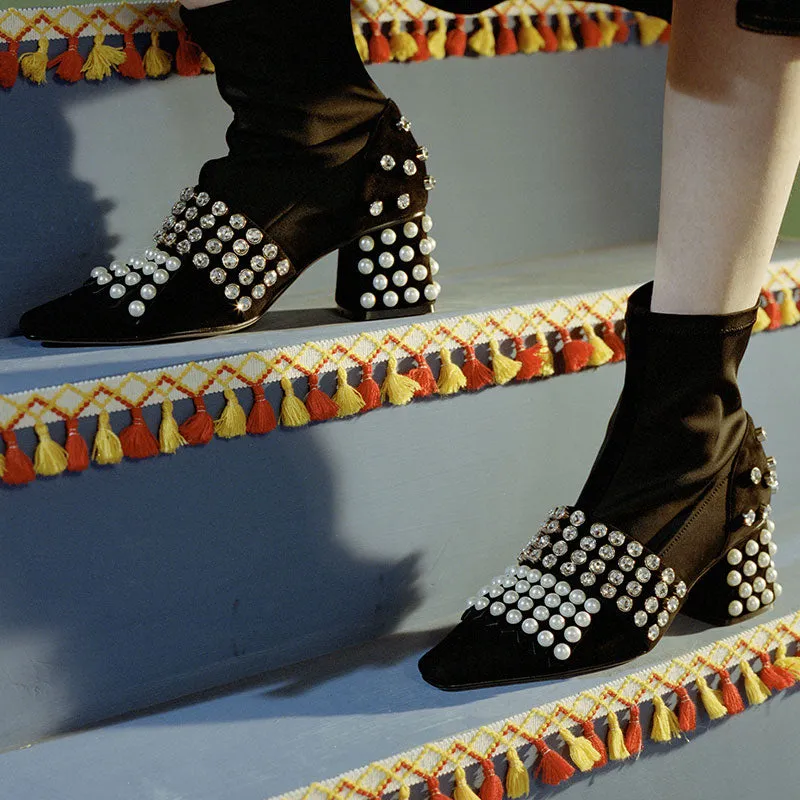 B-FEI  diamond rhinestone pearl short thick square heel elastic boots- Olia