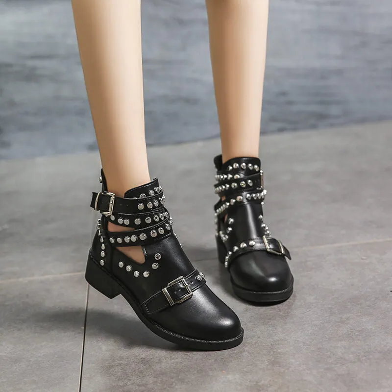 Black Leather Rivet Martin Ankle Boots
