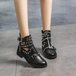 Black Leather Rivet Martin Ankle Boots