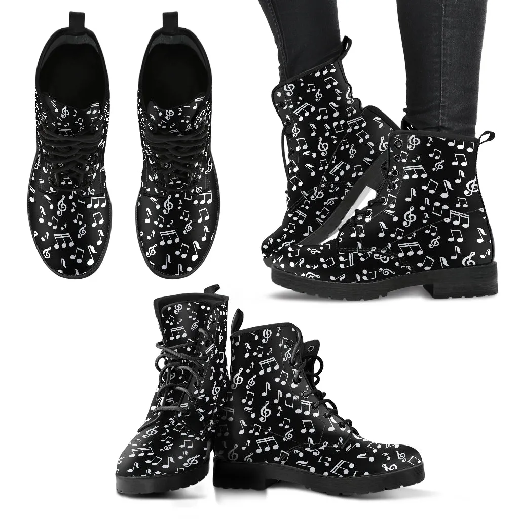Black Music Notes Design Women's Vegan Leather Boots