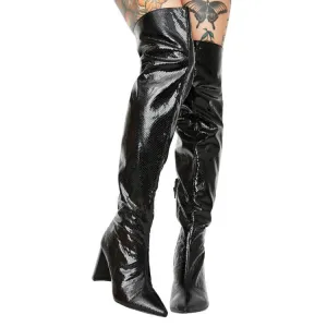 Black PU Point Toe High Heel Over Knee Boots