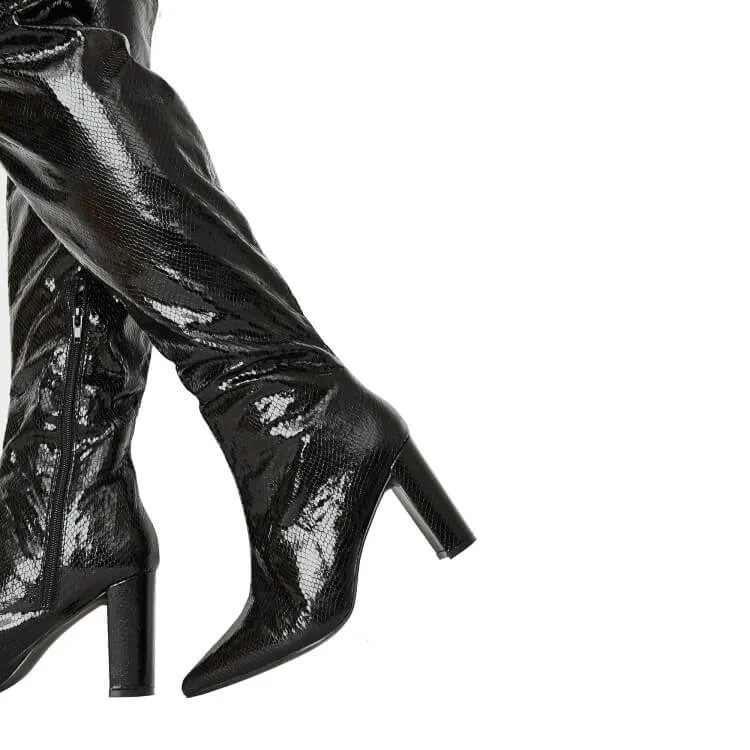 Black PU Point Toe High Heel Over Knee Boots