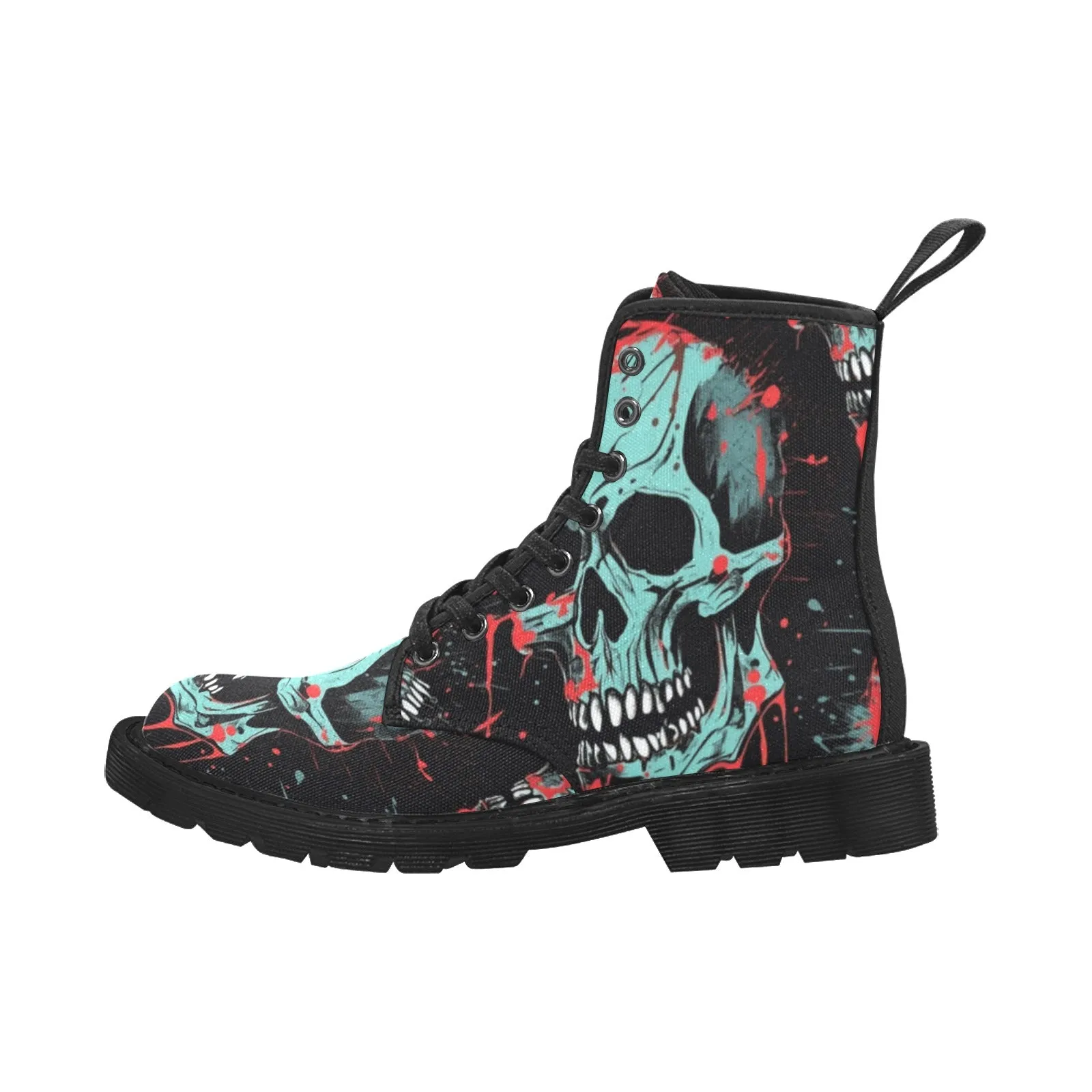 Blue Skulls With Red Splatter Lace Up Canvas Boots