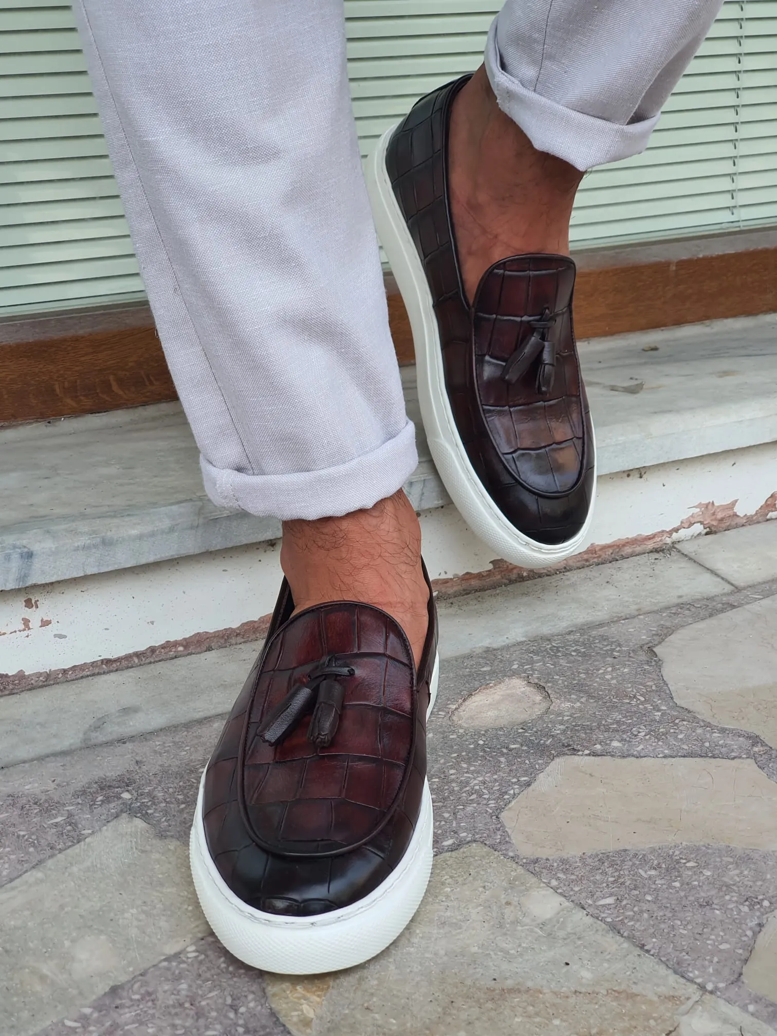 Chase Sardinelli Eva Sole Croc Tasseled Brown Leather Shoes