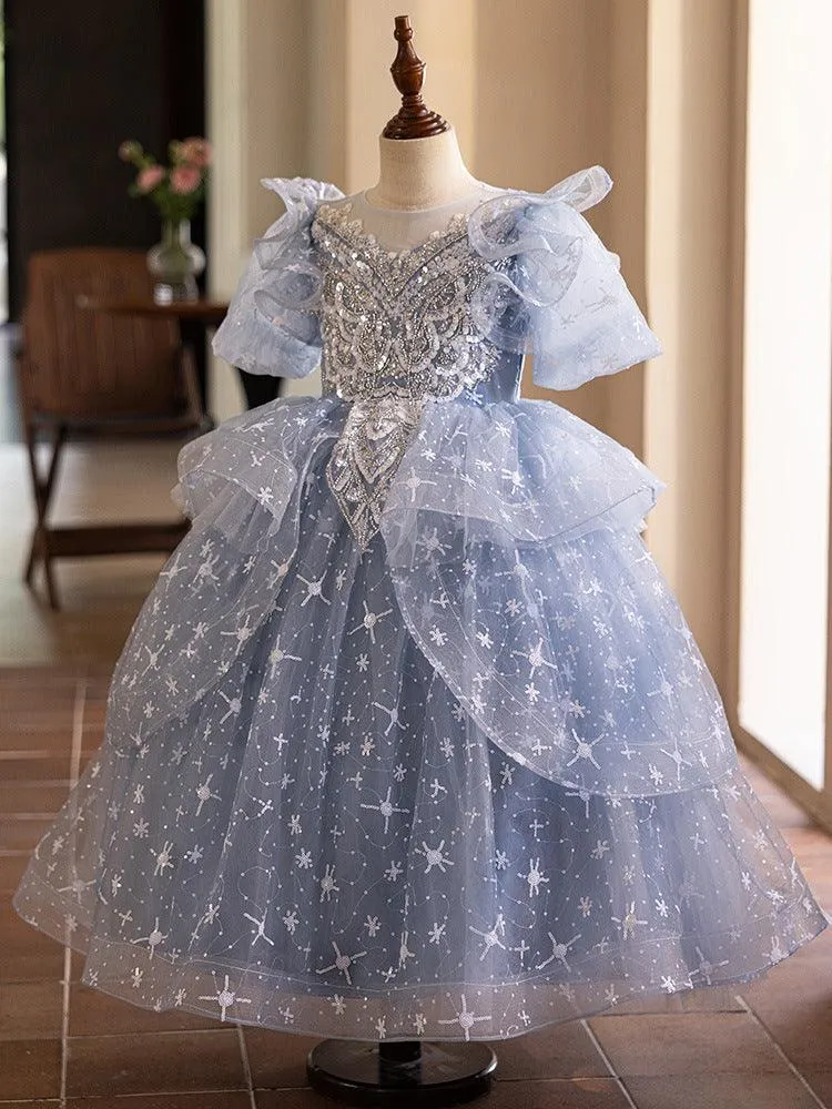 Girls host stage performance evening dress new blue short-sleeved embroidered mesh girl princess dress