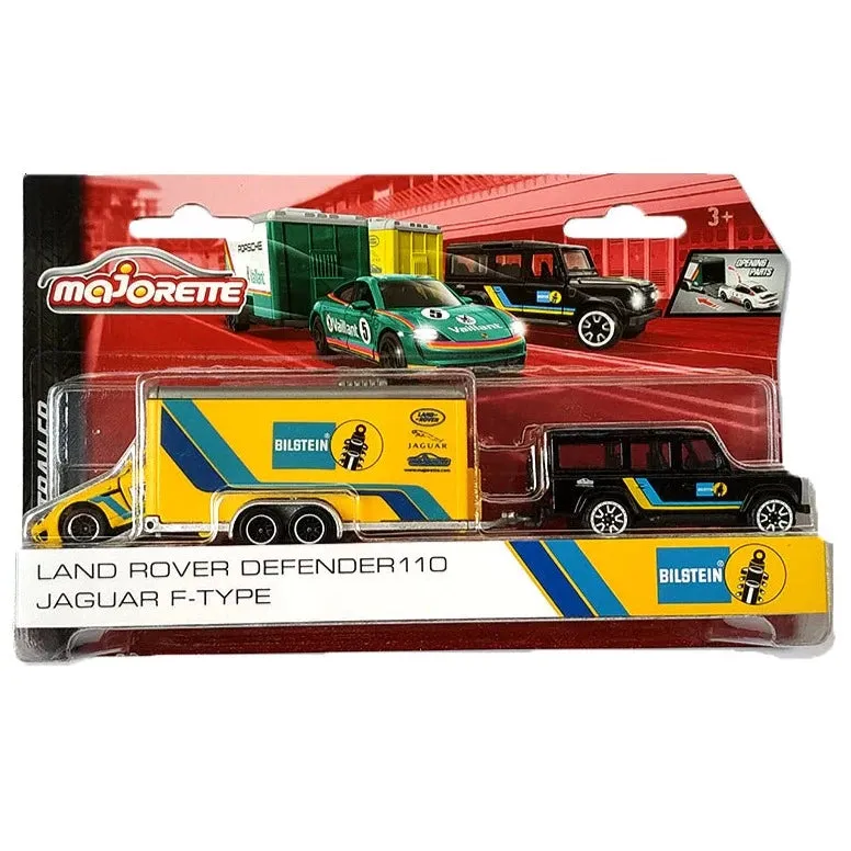 Licensed Diecast Land Rover Defender 110 and Jaguar F-type Toy Car with Race Trailer