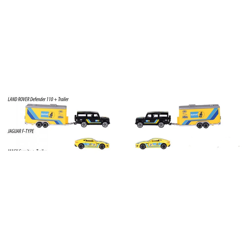 Licensed Diecast Land Rover Defender 110 and Jaguar F-type Toy Car with Race Trailer