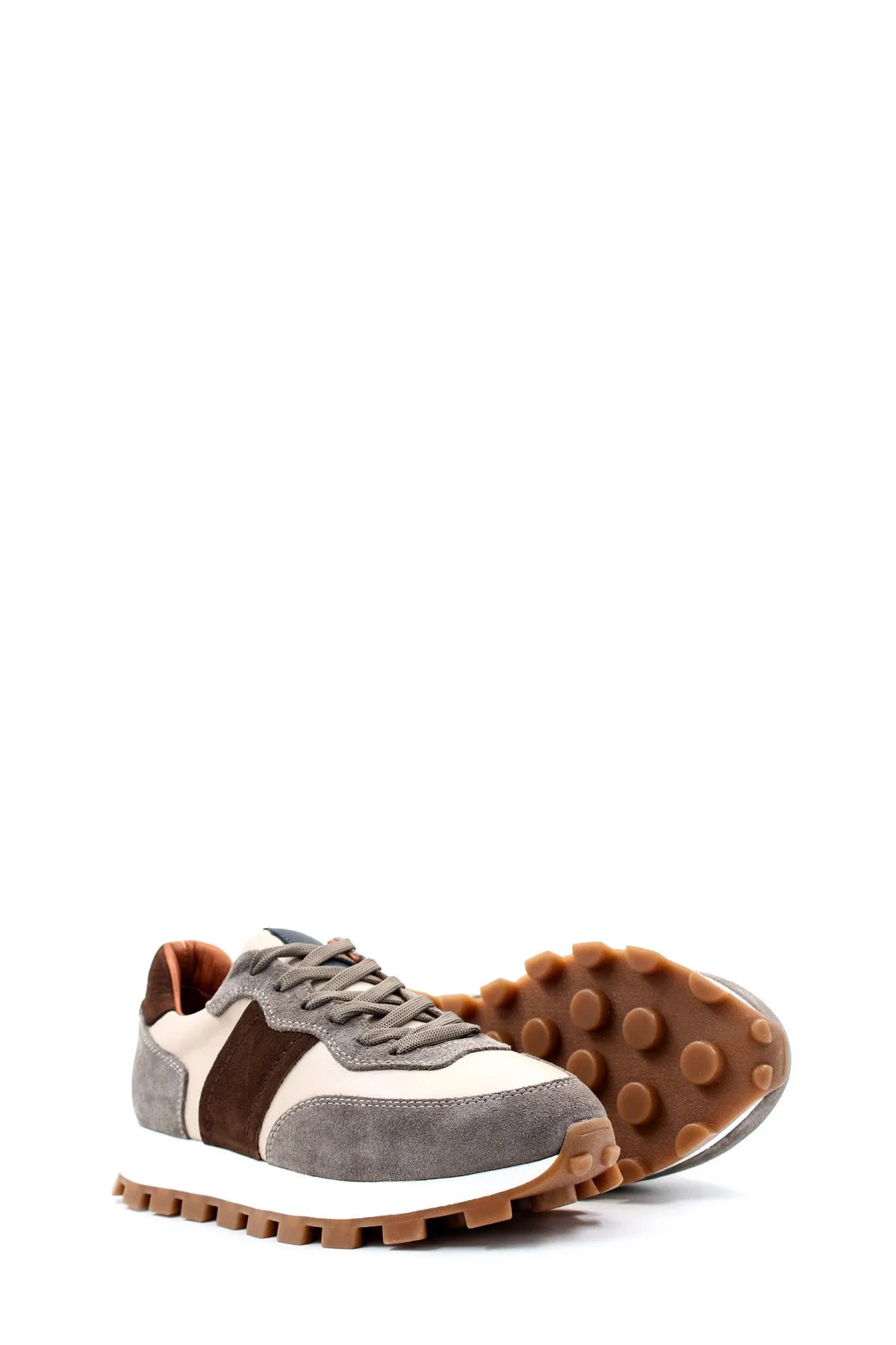 Men's Beige and Grey Suede Casual Sneakers with Brown Accents - Wessi
