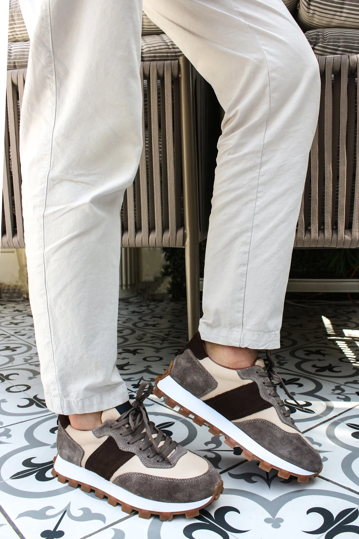Men's Beige and Grey Suede Casual Sneakers with Brown Accents - Wessi
