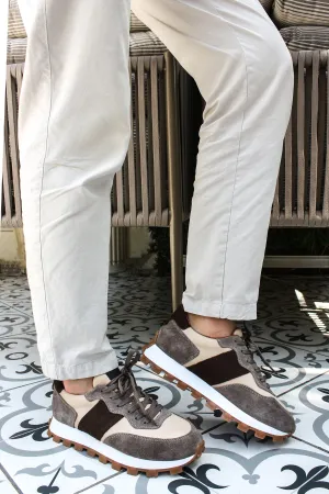 Men's Beige and Grey Suede Casual Sneakers with Brown Accents - Wessi