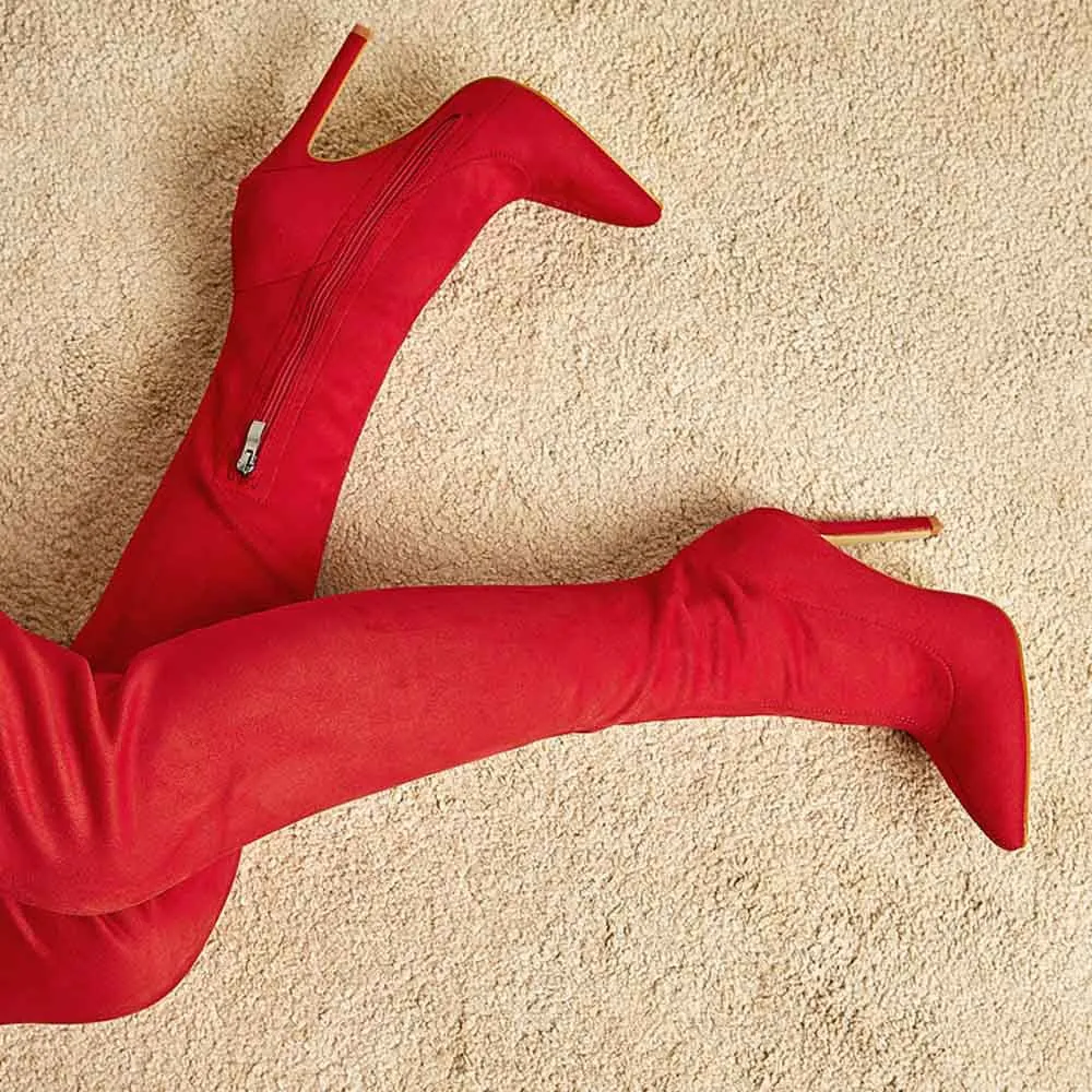 Red Long Elastic High Heels Knee High Boots Fashion Elastic Women's Boots