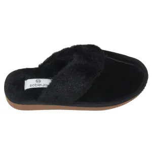 SOBEYO Furry Clog Slippers Indoor/Outdoor Fur Lining Black Suede